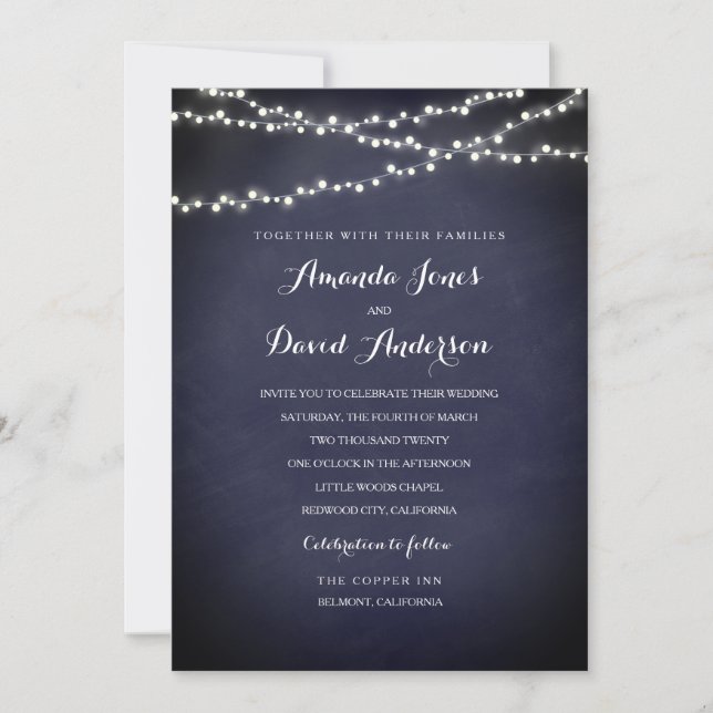 Navy Rustic String Lights Wedding Invitation (Front)
