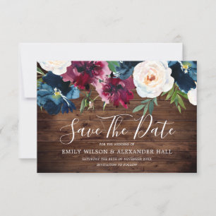 Navy Rustic Wood Red Wine Burgundy Flowers Wedding Save The Date