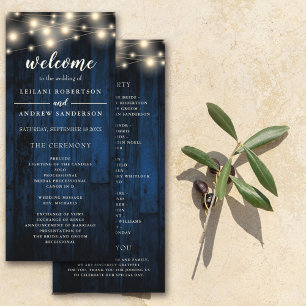 Navy Rustic Wood String Light Wedding Program