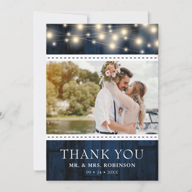 Navy Rustic Wood Wedding Photo Thank You Card (Front)