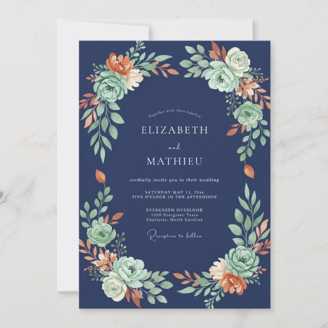 Navy Sage Floral Flourish Wedding Invitation (Front)