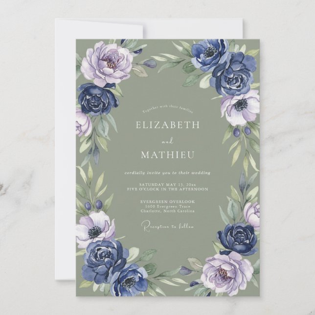 Navy Sage Green Moody Botanical Wedding Invitation (Front)