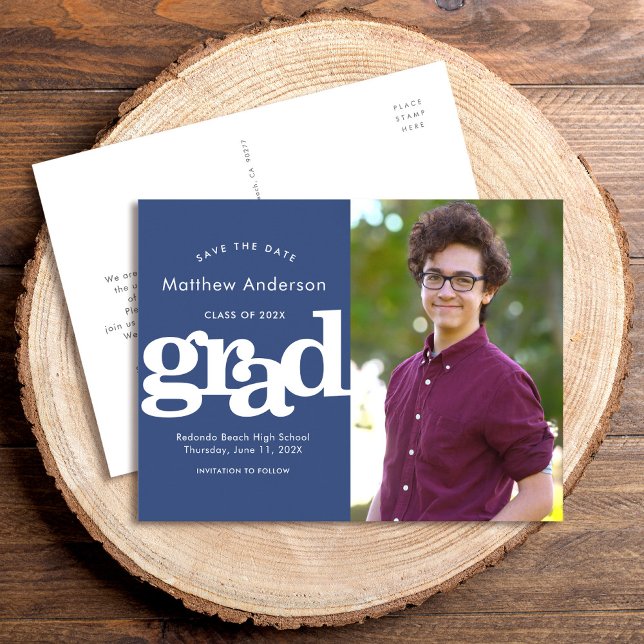 Navy save date graduation photo bold typography invitation postcard (Creator Uploaded)