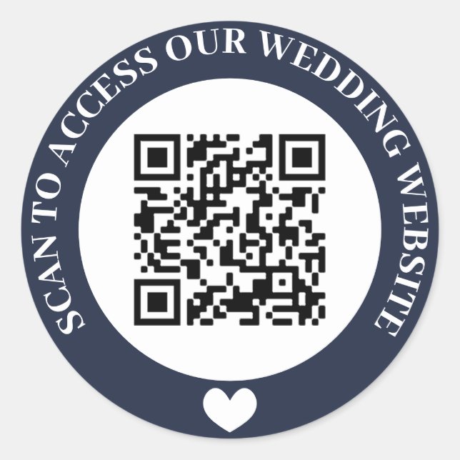 Navy Scan To Access Wedding Website Heart QR Code Classic Round Sticker (Front)