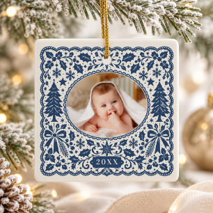Navy Scandinavian Folk Art Tree Baby Photo Ceramic Ornament