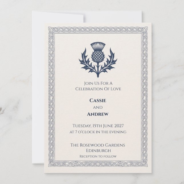 Navy Scottish Thistle Celtic Knot Wedding Invitation (Front)