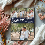 Navy Script 4 Photos Wedding Save Our Date Announcement Postcard<br><div class="desc">Wedding save the date postcard you can personalize with four of your own photos,  three smaller and one larger. Save our date is written diagonally across the postcard in a white script against a navy blue background. Add your names and wedding date in a clean font.</div>