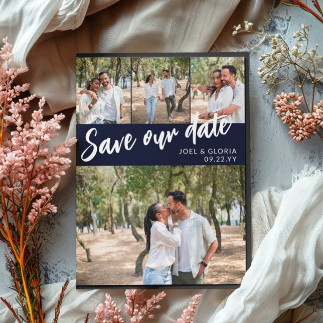 Navy Script 4 Photos Wedding Save Our Date Announcement Postcard (Creator Uploaded)