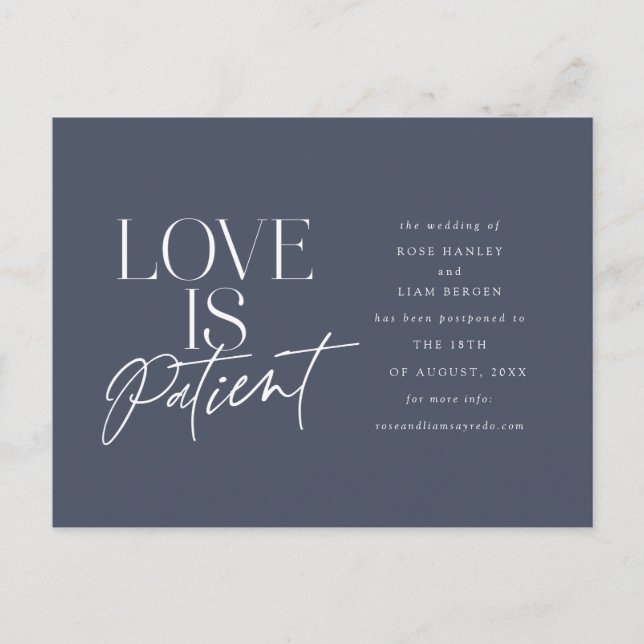 Navy Script Love Wedding Postponed Change the Date Postcard (Front)