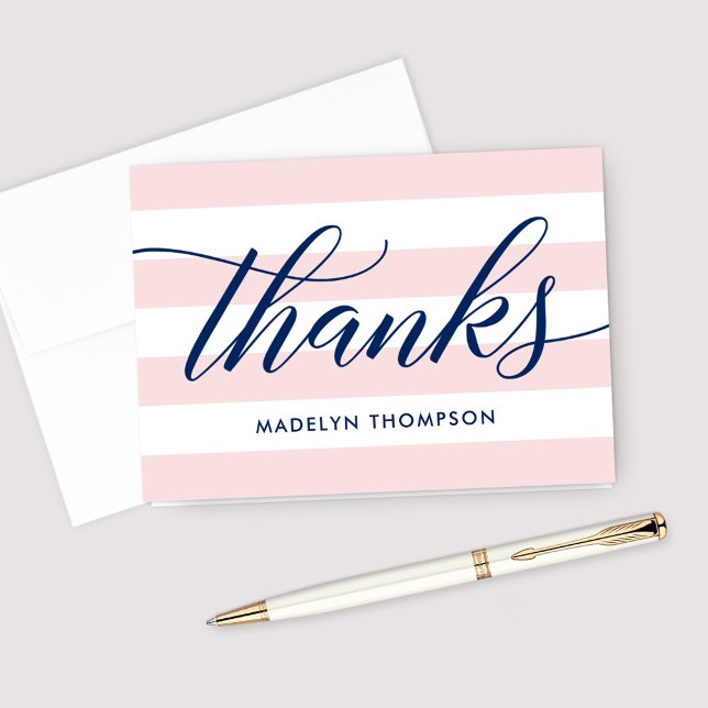 Navy Script Pale Pink Stripes Wedding Thank You Card (Creator Uploaded)