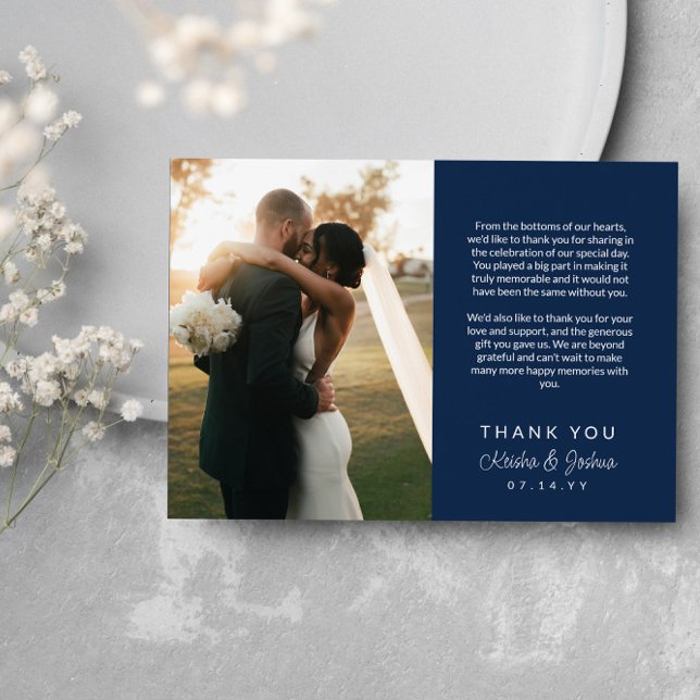Navy Script Printed Message Wedding Thank You Card (Creator Uploaded)