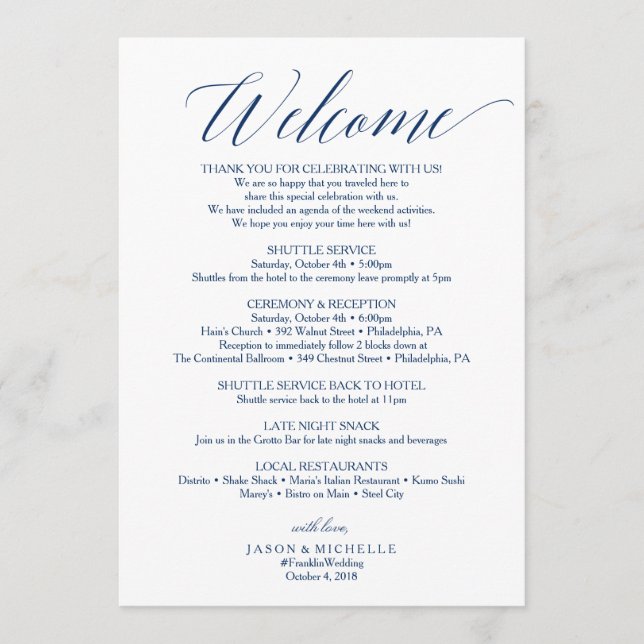 Navy Script Wedding Itinerary Welcome Letter Program (Front)