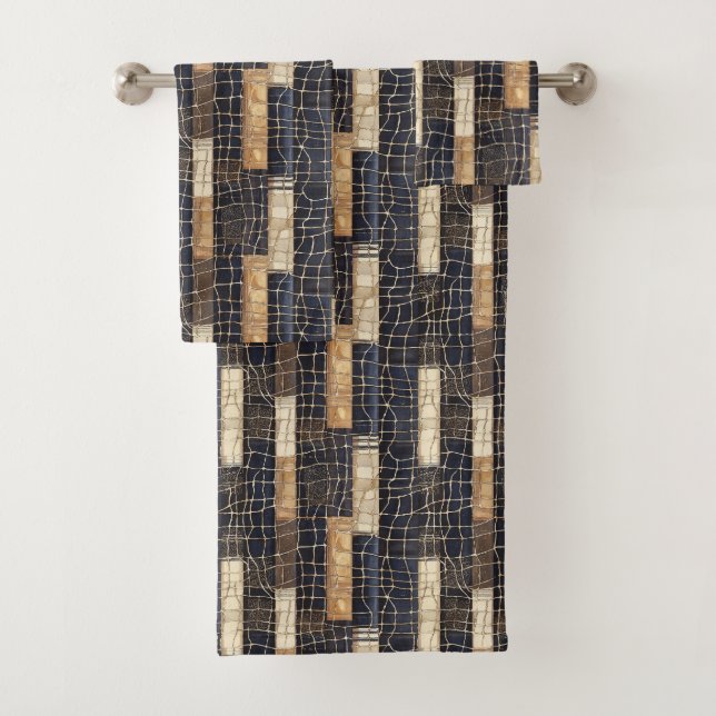 Navy Sea Blue Cream Brown Rectangles Bath Towel Set (Insitu)