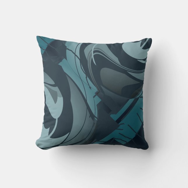 Navy Seafoam Grey Mediterranean Floral Mosaic Throw Pillow (Front)