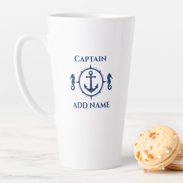 Navy Seahorse & Anchor Name or Boat 2 Sided Large Latte Mug (In Situ)