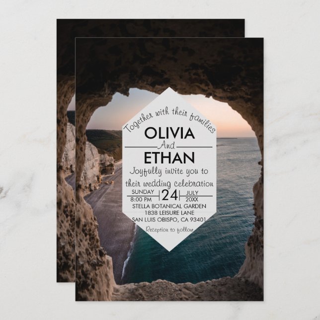 Navy Seascape Beach Seaside Summer Wedding Invitation (Front/Back)