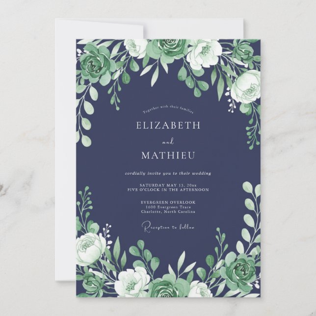 Navy Serene Foliage Wedding Invitation (Front)