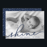 Navy | Shine Script Hanukkah Photo Holiday Card<br><div class="desc">Share holiday greetings with these chic Hanukkah photo cards featuring your favourite full bleed horizontal or landscape oriented photo. "Shine" appears as a navy blue text overlay in elegant hand lettered script typography. Personalize with your names and the year along the bottom. Cards reverse to matching dark blue with a...</div>