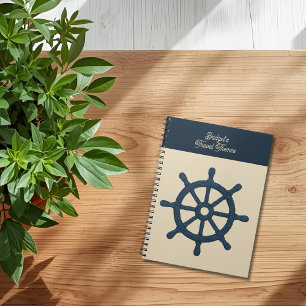 navy ship wheel with Beige name Coastal travel Notebook