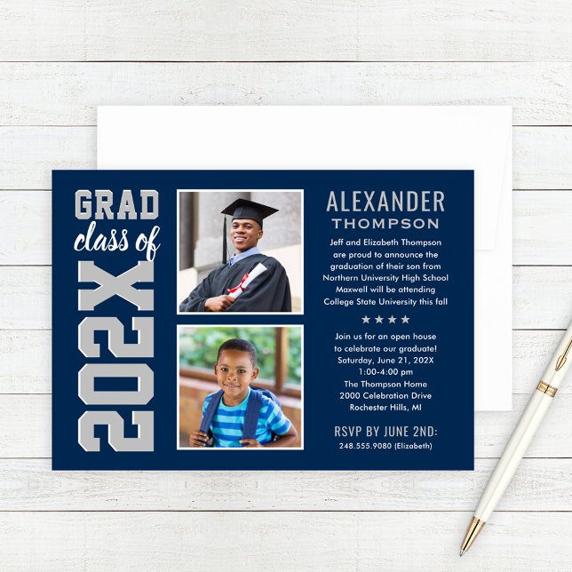 Navy Silver 2026 Grad Open House Photo Invitation (Creator Uploaded)