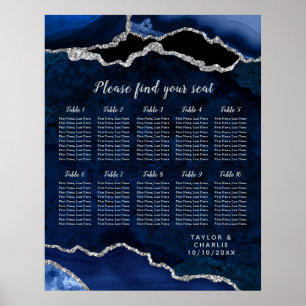 Navy Silver Agate Wedding 10 Table Seating Chart