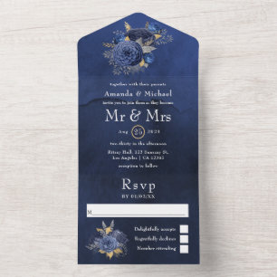 Navy, Silver and Gold Floral Wedding All In One In Invitation