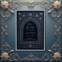 navy silver Arabic arch Wedding save the date