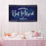 Navy Silver Bat Mitzvah Modern Foil Glitter Script Banner<br><div class="desc">Be proud, rejoice and showcase this milestone of your favourite Bat Mitzvah! Hang up this stunning, modern, stylish, personalized banner to add to her special day. Sparkly, faux silver foil calligraphy script and confetti glitter dots overlay a sophisticated, dramatic navy blue watercolor background. Personalize the custom text with your Bat...</div>