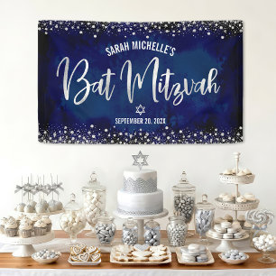 Navy Silver Bat Mitzvah Modern Foil Glitter Script Banner