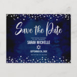 Navy Silver Bat Mitzvah Save Date Modern Script Invitation Postcard<br><div class="desc">Make sure all your friends and relatives will be able to celebrate your daughter’s milestone Bat Mitzvah! Send out this stunning, modern, “Save the Date” announcement postcard. Graphic faux silver foil calligraphy script, Star of David, and confetti, overlay a rich, dramatic, navy blue watercolor background. Personalize the custom text with...</div>