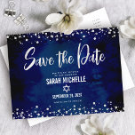 Navy Silver Bat Mitzvah Save Date Modern Script Invitation Postcard<br><div class="desc">Make sure all your friends and relatives will be able to celebrate your daughter’s milestone Bat Mitzvah! Send out this stunning, modern, “Save the Date” announcement postcard. Graphic faux silver foil calligraphy script, Star of David, and confetti, overlay a rich, dramatic, navy blue watercolor background. Personalize the custom text with...</div>