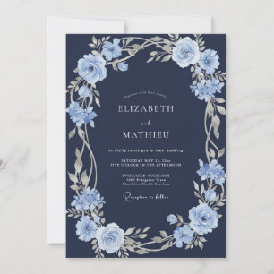 Navy Silver Blue Floral Watercolor Wedding Invitation