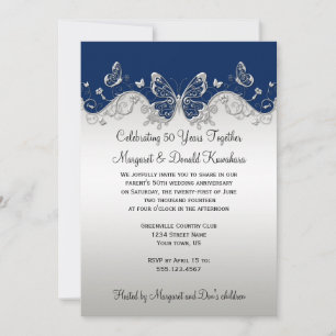Navy Silver Butterflies 25th Anniversary Invitation