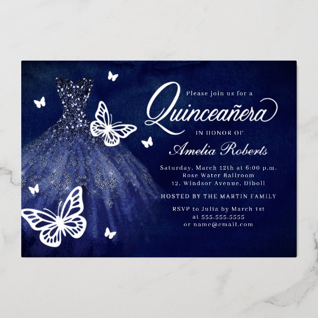 Navy Silver Butterfly Dress Quinceanera  (Front)