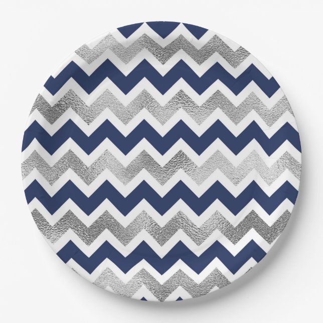 Navy Silver Chevron baby shower decor Paper Plate (Front)