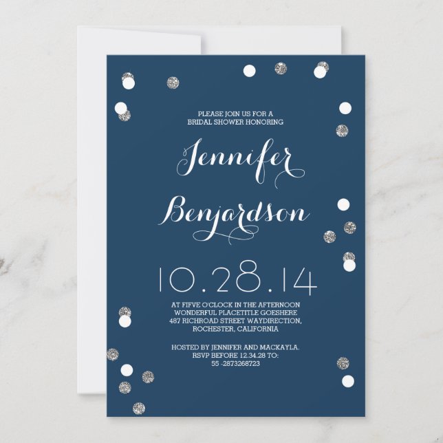 Navy & Silver Confetti Modern Bridal Shower Invitation (Front)