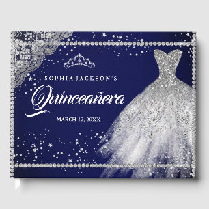 Navy Silver Diamond Sparkle Gown Quinceanera Guest Book