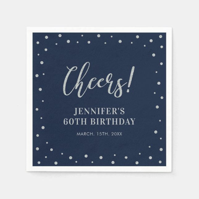 Navy & Silver Elegant Classic Adult Birthday Party Napkin (Front)