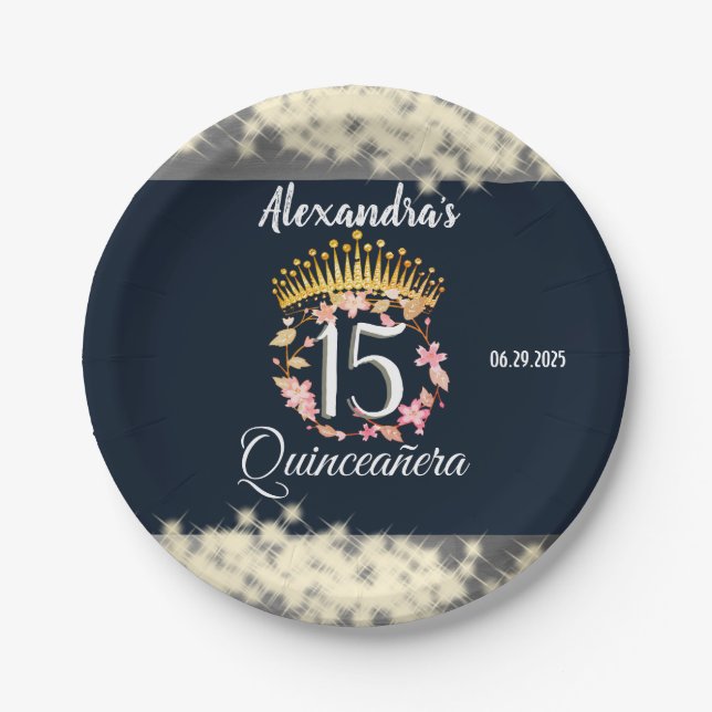 Navy Silver Elegant Quinceanera Celebration Paper Plate (Front)