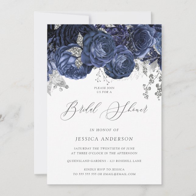 Navy & Silver Enchanted Floral Bridal Shower Invitation (Front)