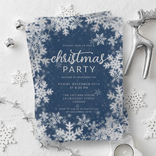 Navy Silver Faux Foil Snowflakes Christmas Party Invitation