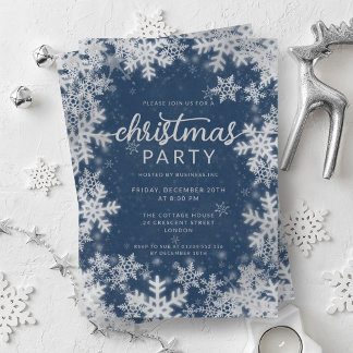 Navy Silver Faux Foil Snowflakes Christmas Party Invitation