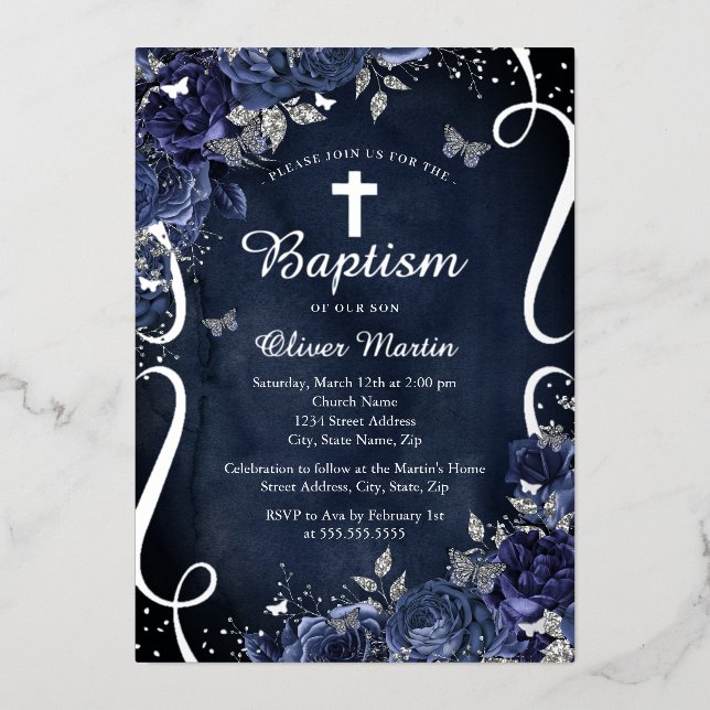Navy Silver Floral Butterfly Boy Baptism  (Front)
