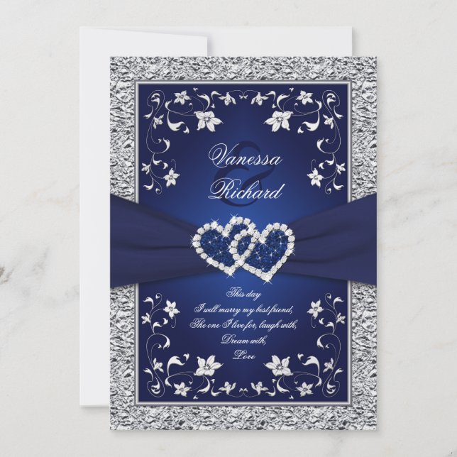 Navy Silver Floral Hearts FAUX Foil Wedding Invite (Front)