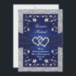 Navy Silver Floral Hearts FAUX Foil Wedding Invite<br><div class="desc">This romantic and dramatic navy blue and silver grey floral wedding invitation has a PRINTED RIBBON, a pair of PRINTED diamond and glitter joined jewel hearts on it, with silvery grey flowers and a FAUX silver foil border. There is also a removeable verse that says "This day, I will marry...</div>