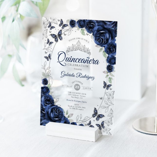 Navy Silver Floral Quinceanera Acrylic Invitations (Creator Uploaded)