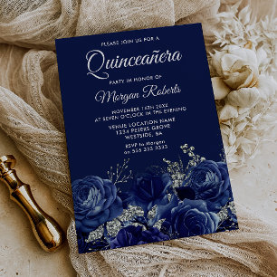 Navy & Silver Floral Quinceanera Party Invitation