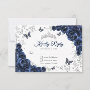 Navy Silver Floral Quinceanera Reply RSVP Card