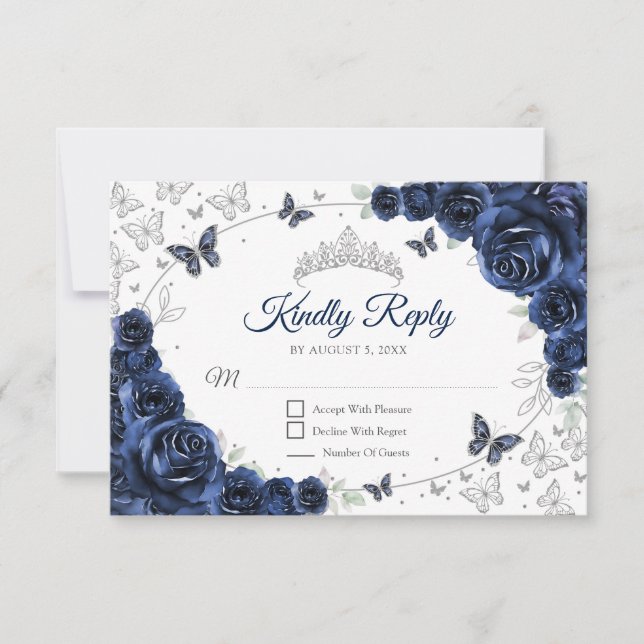 Navy Silver Floral Quinceanera Reply RSVP Card (Front)