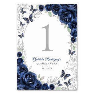 Navy Silver Floral Quinceanera Table Number